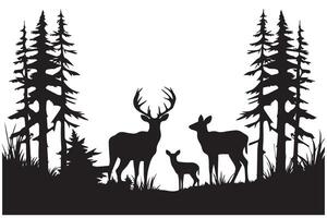 Forest trees deer family silhouettes vector