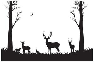 composition Forest silhouette landscape. Black and white isolated elements Element for design. Young deer at the edge vector