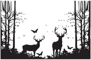 Clásico bosque paisaje con negro y blanco siluetas de arboles y salvaje animales vector