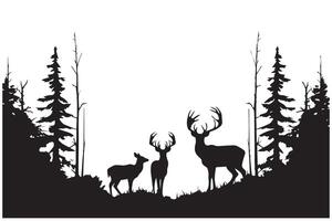 Black silhouette forest and sum deer and bird white background pro design vector