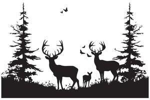 Forest trees deer family silhouettes vector