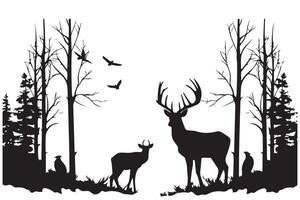 composition Forest silhouette landscape. Black and white isolated elements Element for design. Young deer at the edge vector