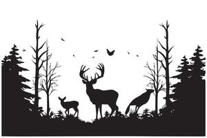 Forest trees silhouettes, deer animal and duck flock, hunting sport. nature landscape or wildlife scene background with pine woods and fallen tree vector