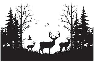 composition Forest silhouette landscape. Black and white isolated elements Element for design. Young deer at the edge vector