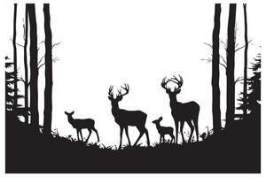 composition Forest silhouette landscape. Black and white isolated elements Element for design. Young deer at the edge vector