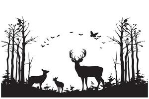 Black silhouette forest and sum deer and bird white background pro design vector