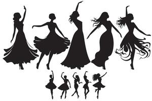 Dancing Girl Group Black Silhouette Female Figure Isolated Over White Background Illustration vector