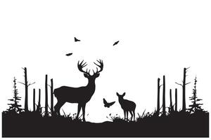 Black silhouette forest and sum deer and bird white background pro design vector