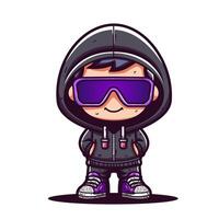 linda dibujos animados hacker chico vistiendo capucha y púrpura lentes vector