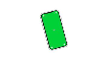 Mobile phone with blank green screen, front view, with for tracking isolated on white background. 4K animation video