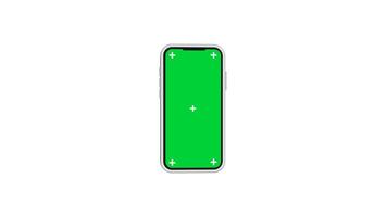 Mobile phone with blank green screen, front view, with for tracking isolated on white background. 4K animation video