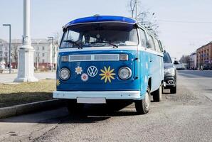 Minsk, Belarus, March 29, 2024 - Front view legend hippie vintage camper photo