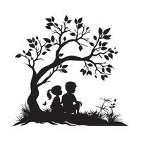 silueta niños debajo árbol imágenes vector
