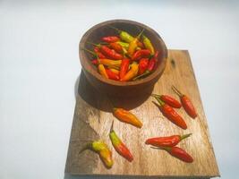 chilies in a small bowl on an isolated white background photo