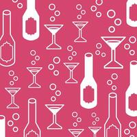 Red pink and white drink alcohol beverage bottle and wine glass icon illustration pattern isolated on square background. Simple flat for poster, wrapping paper, wall art design for prints drawing. vector