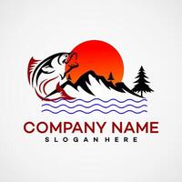 Design logo Fresh fish with wave water and mountain vector