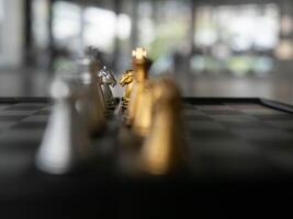 Chess strategy idea competition teamwork group success business concept challenge game leadership intelligence king bishop piece battle play board chessboard victory knight planning sport decision photo