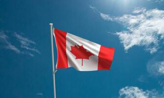 Canada flag blue sky cloud white top view red white color canadian national holiday 1 frist day st date july month maple tree leaf palm independence poster event canada freedom invitation festival photo