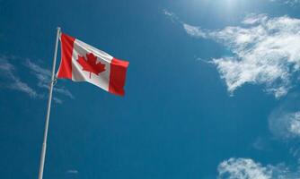 Canada flag blue sky background wallpaper copy space white cloud canadian country national celebration patriotism independence freedom 1 first day date st july month holiday canada day outdoor culture photo