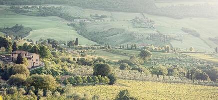 Landscape of Tuscany hills with lens flare photo