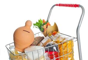 Shopping cart full with money box and food products photo