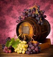 White and red grapes with wine barrel photo