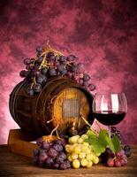 Red wine bottle and wine glass on wodden barrel photo