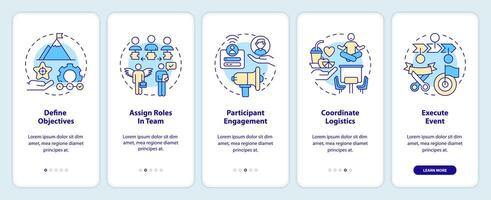 How to organize hackathon onboarding mobile app screen. Walkthrough 5 steps editable graphic instructions with linear concepts. UI, UX, GUI template vector