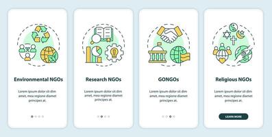 Types of NGOs onboarding mobile app screen. Non profit organizations walkthrough 4 steps editable graphic instructions with linear concepts. UI, UX, GUI template vector