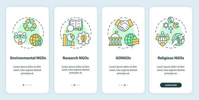 tipos de ong inducción móvil aplicación pantalla. no lucro organizaciones recorrido 4 4 pasos editable gráfico instrucciones con lineal conceptos. ui, ux, gui modelo vector