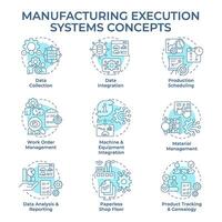 Manufacturing execution systems soft blue concept icons. Production processes optimization. Factory automation, performance. Icon pack. Round shape illustrations. Abstract idea vector