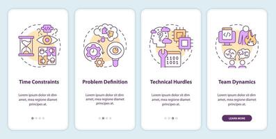Hackathon challenges onboarding mobile app screen. Walkthrough 4 steps editable graphic instructions with linear concepts. UI, UX, GUI template vector