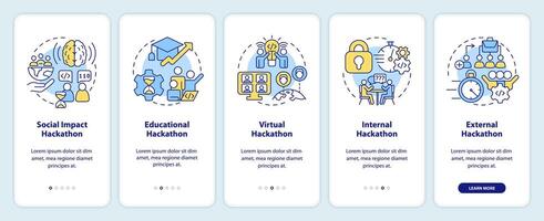 Hackathons types onboarding mobile app screen. Tech events walkthrough 5 steps editable graphic instructions with linear concepts. UI, UX, GUI template vector