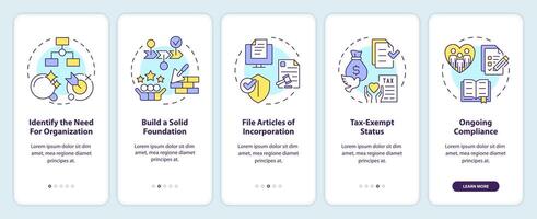 Steps to start NPOs onboarding mobile app screen. Work of NGO walkthrough 5 steps editable graphic instructions with linear concepts. UI, UX, GUI template vector