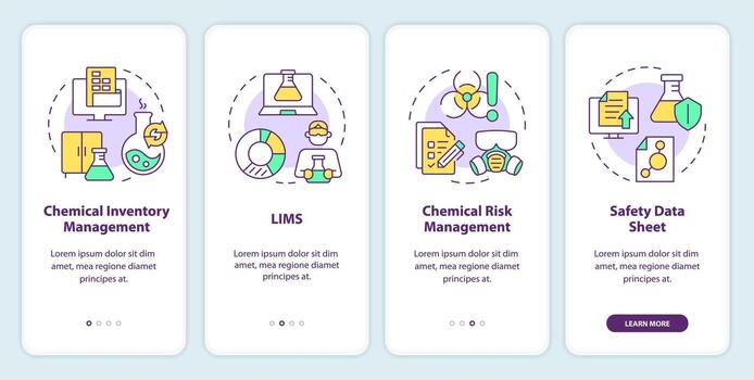 Chemical management onboarding mobile app screen. Safety measures. Walkthrough 4 steps editable graphic instructions with linear concepts. UI, UX, GUI template vector