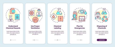 Lab workplace safety organization onboarding mobile app screen. Walkthrough 5 steps editable graphic instructions with linear concepts. UI, UX, GUI template vector
