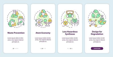 Green chemistry key principles onboarding mobile app screen. Walkthrough 4 steps editable graphic instructions with linear concepts. UI, UX, GUI template vector