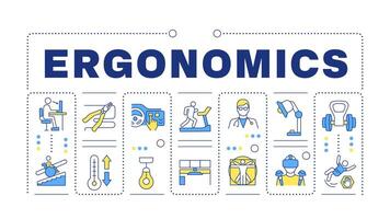 ergonomía azul palabra concepto aislado en blanco. producto seguridad. empleado bienestar, correcto postura. creativo ilustración bandera rodeado por editable línea vistoso íconos vector