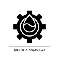 Water industry black glyph icon. Water management. Clean water solutions. Droplet and gear. Silhouette symbol on white space. Solid pictogram. Isolated illustration. Pixel perfect vector