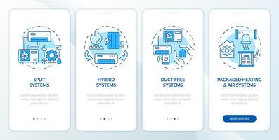 Types of HVAC systems blue onboarding mobile app screen. Walkthrough 4 steps editable graphic instructions with linear concepts. UI, UX, GUI template vector