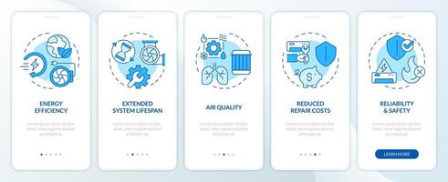 Benefits of HVAC maintenance blue onboarding mobile app screen. Walkthrough 5 steps editable graphic instructions with linear concepts. UI, UX, GUI template vector
