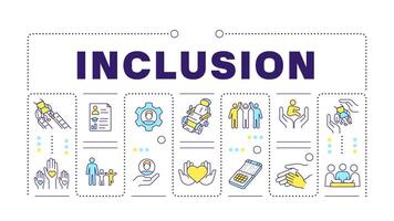 inclusión púrpura palabra concepto aislado en blanco. diversidad negocio discapacidad. social justicia. creativo ilustración bandera rodeado por editable línea vistoso íconos vector