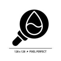 Water quality black glyph icon. Water droplet and magnifying glass. Clean water for drinking. Silhouette symbol on white space. Solid pictogram. Isolated illustration. Pixel perfect vector