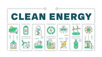 Clean energy green word concept isolated on white. Energy windmill, green technology. Nature preservation. Creative illustration banner surrounded by editable line colorful icons vector