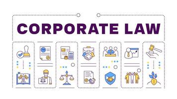 Corporate law turquoise word concept isolated on white. Litigation support. Business contract signing. Creative illustration banner surrounded by editable line colorful icons vector