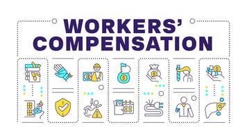 Workers compensation yellow word concept isolated on white. Business insurance, employees safeguard. Creative illustration banner surrounded by editable line colorful icons vector