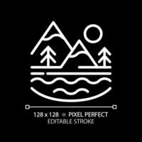 Surface water white linear icon for dark theme. Water body. Mountain landscape with lake. Natural resources. Thin line illustration. Isolated symbol for night mode. Editable stroke. Pixel perfect vector