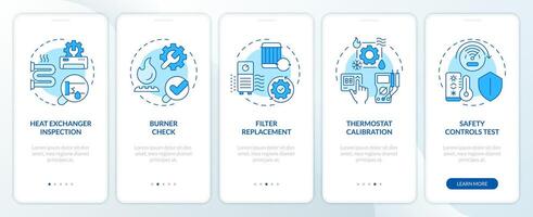 Heating inspection blue onboarding mobile app screen. HVAC walkthrough 5 steps editable graphic instructions with linear concepts. UI, UX, GUI template vector