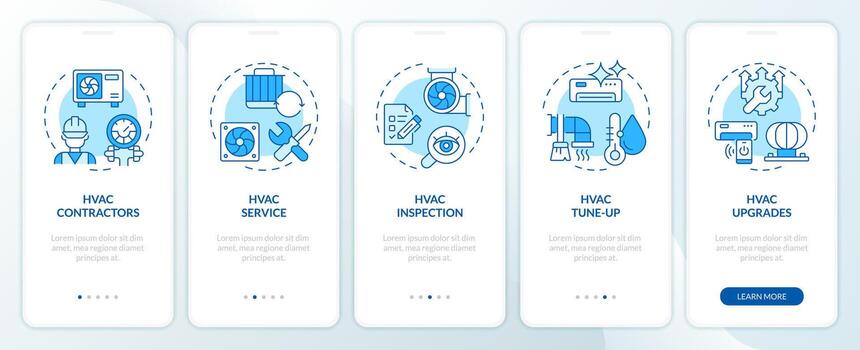 hvac servicios y mejoras azul inducción móvil aplicación pantalla. recorrido 5 5 pasos editable gráfico instrucciones con lineal conceptos. ui, ux, gui modelo vector