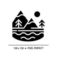 Surface water black glyph icon. Water body. Mountain landscape with lake. Outdoor scenery. Silhouette symbol on white space. Solid pictogram. Isolated illustration. Pixel perfect vector
